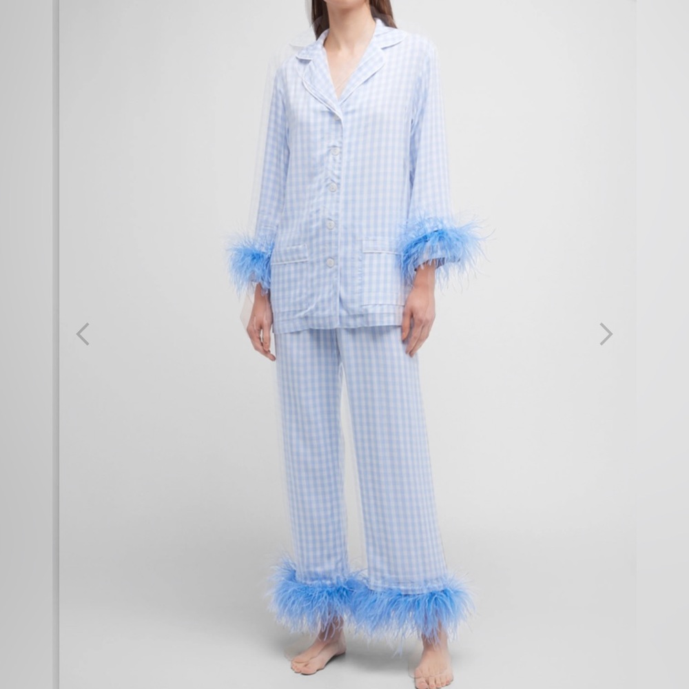 Sleeper Blue Gingham Pajama Set with Feather Trim